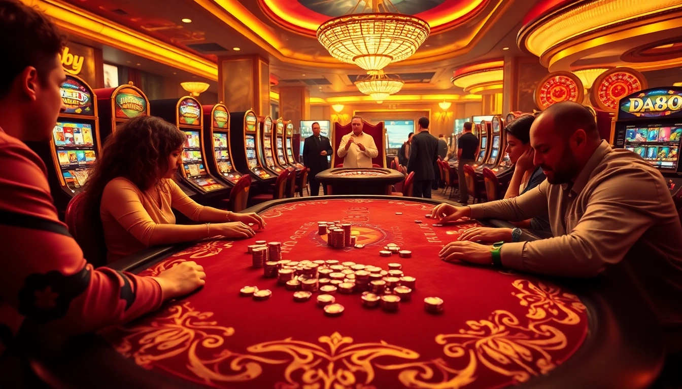 Exciting casino gameplay at DA88 featuring vibrant slot machines and poker chips.