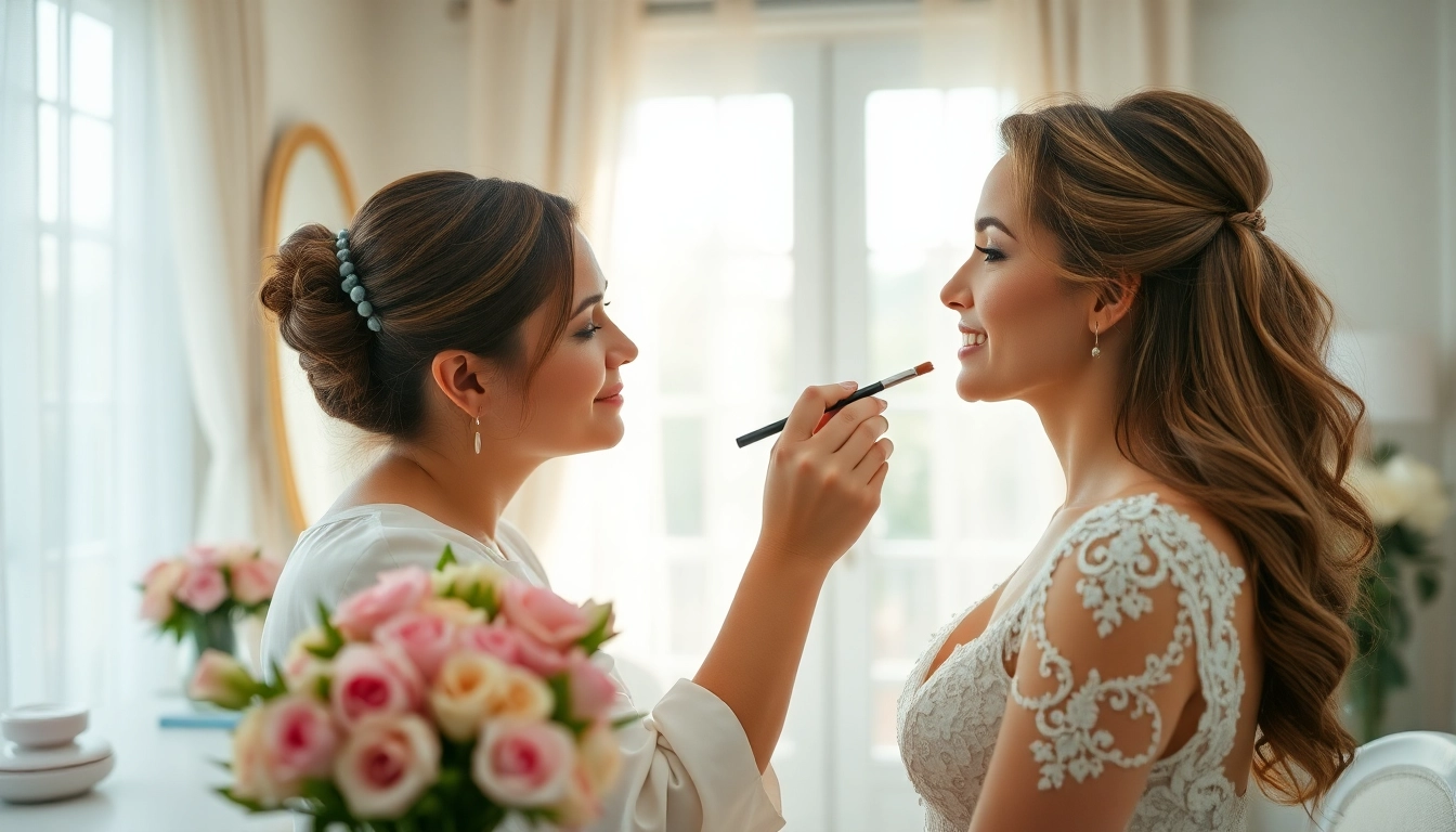 Wedding makeup artist applying makeup to a beautiful bride in an elegant setting.