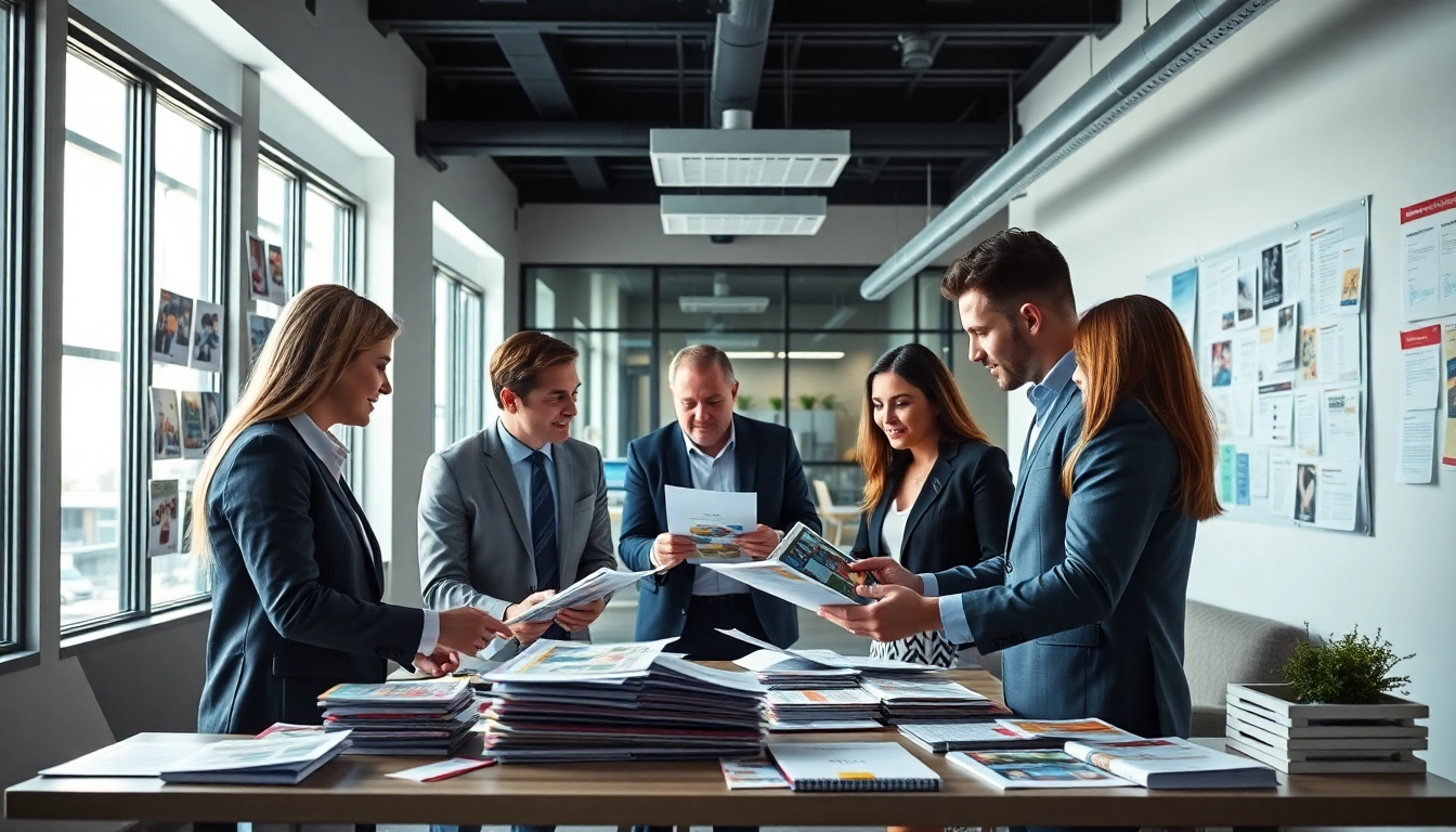Professionals designing marketing materials at Apex Direct Mail office
