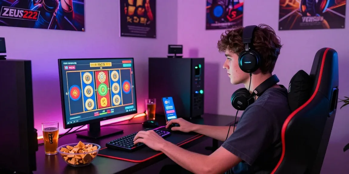 ZEUS222 online gaming enthusiast playing slots in cozy room with vibrant LED lights.