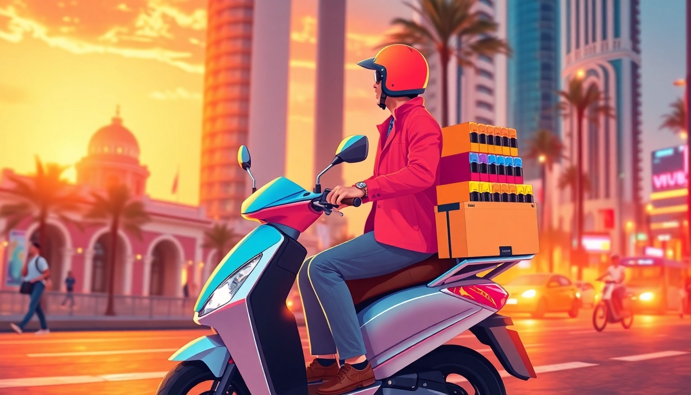 Fast vape pod delivery Dubai service featuring a vibrant courier on a scooter in a bustling street.