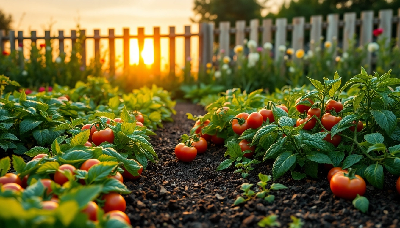 Gardening scene with vibrant vegetables thriving in sunlight, showcasing lush greenery and a warm atmosphere.