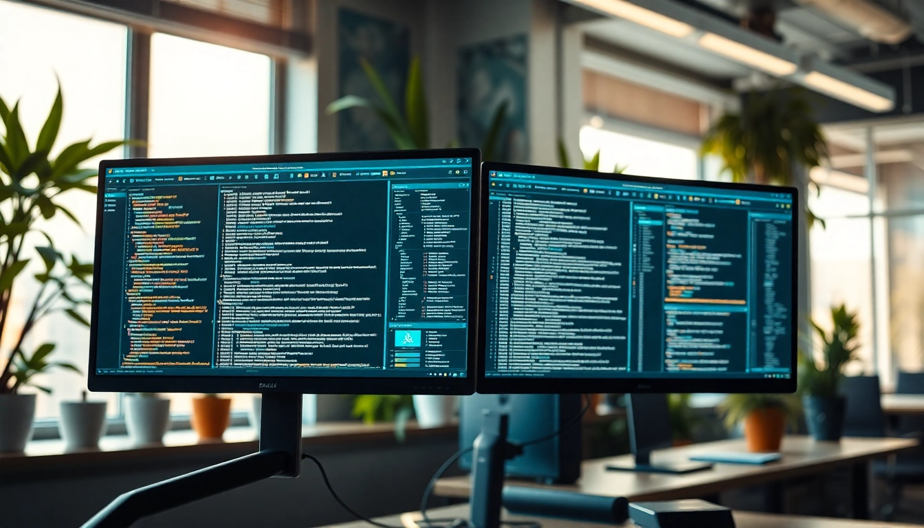 Enhance your test automation with DoesQA's professional workspace setup showcasing dual monitors and coding.