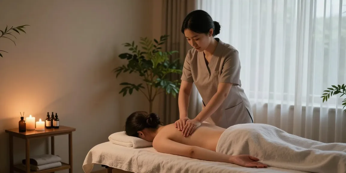 마사지 치료실에서 아로마 오일과 함께 편안하게 치료받는 모습