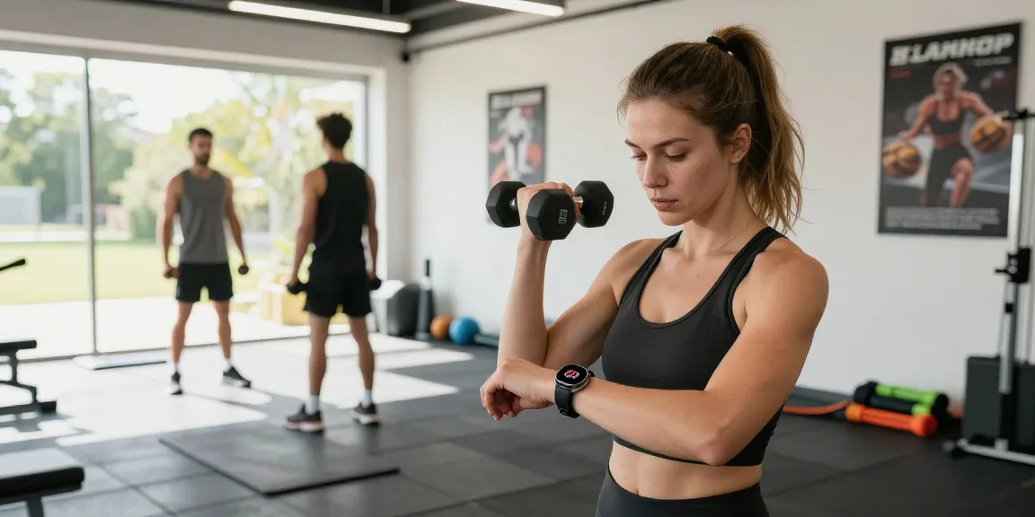 Olahraga di gym modern dengan Fitbit Luxe terlihat di pergelangan tangan, saat wanita memeriksa detak jantungnya.