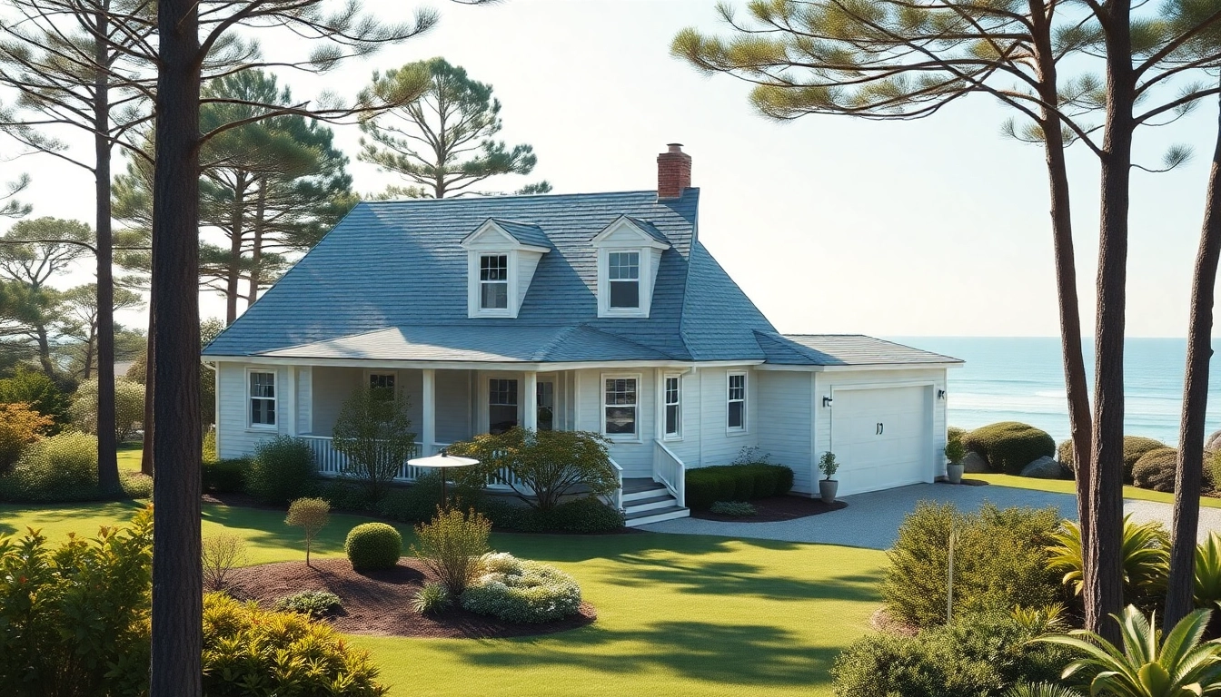 Showcase of a stunning cape cod home with elegant attached garage amid lush landscaping.