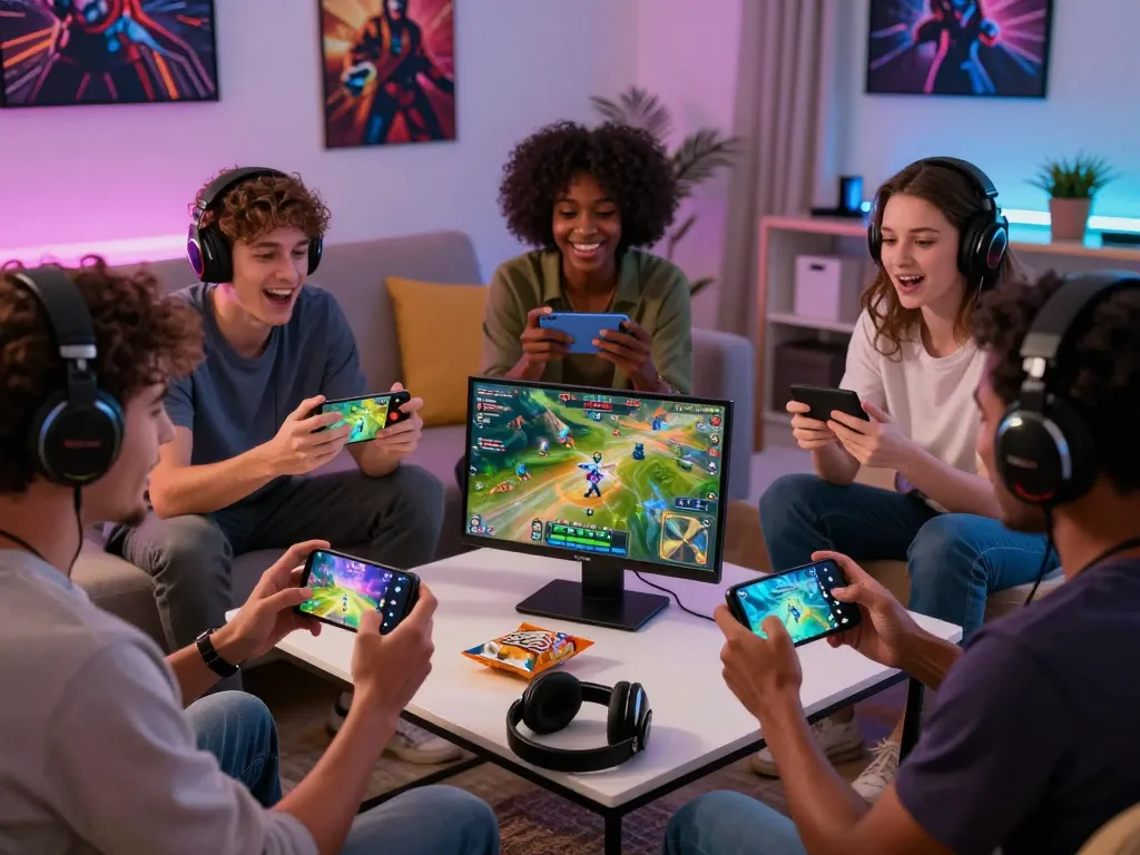 Excited players enjoying autowin88 mobile gaming experience in a vibrant living room.