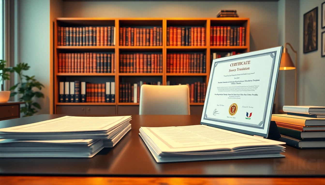 Espace de travail professionnel d'un traducteur assermenté anglais avec des documents et des certificats.