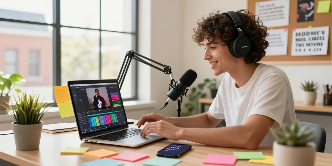Content creator editing a TikTok video, buy cheap TikTok views in vibrant workspace with sticky notes and smartphone.