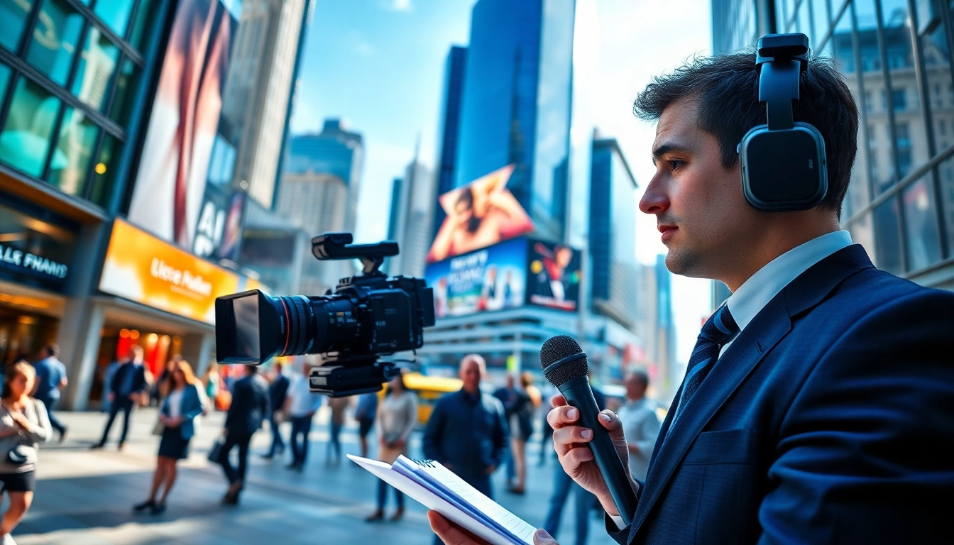 News reporter capturing a live event in a busy city setting, highlighting current news stories.