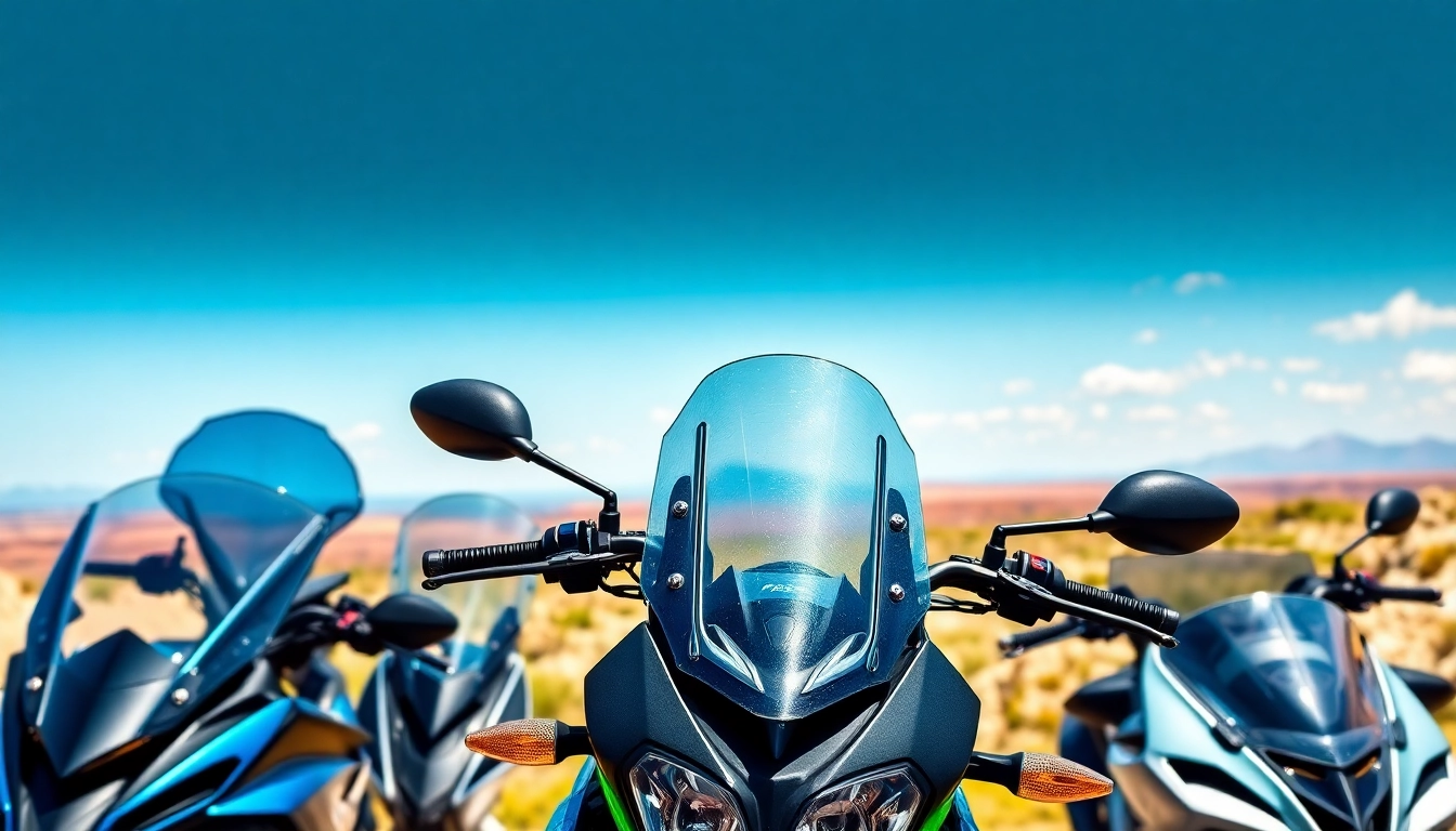 Explore motorcycle windshield types including various styles and designs in a scenic outdoor setting.