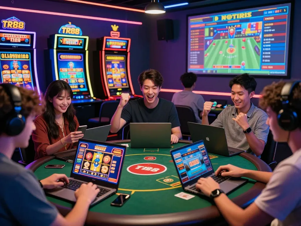 Exciting TR88 online gaming scene with players celebrating big wins and engaging in casino games.
