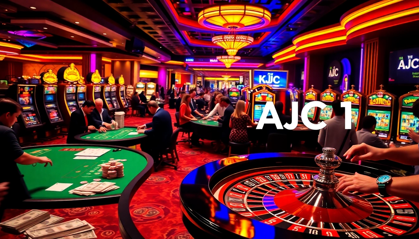 KJC AC 1 showcases an exhilarating casino atmosphere with players betting at tables and vibrant slot machines.