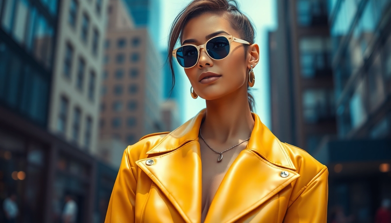 Model exuding confidence in modern Fashion against a city backdrop.