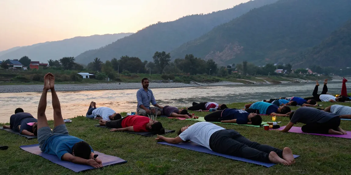 Yoga teacher training course in India with students practicing asanas at sunset by the Ganges.