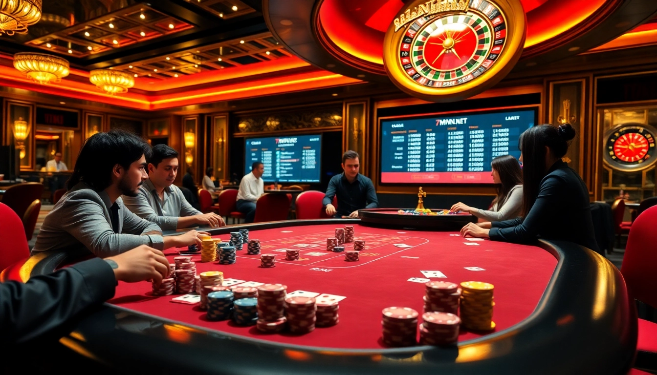 Players enjoying a poker game in a vibrant casino setting with live betting stats from 7mvn.in.net.