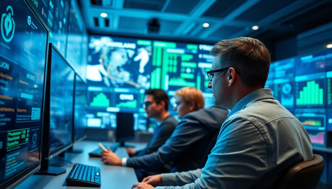 Monitor managed cybersecurity services with a professional team overseeing network security in a high-tech environment.