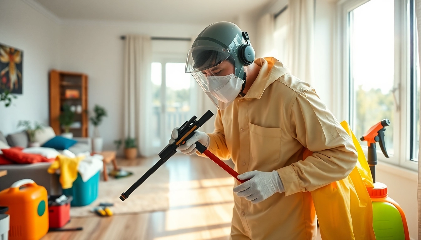 Professional bug control in action with a focused exterminator applying pest techniques.