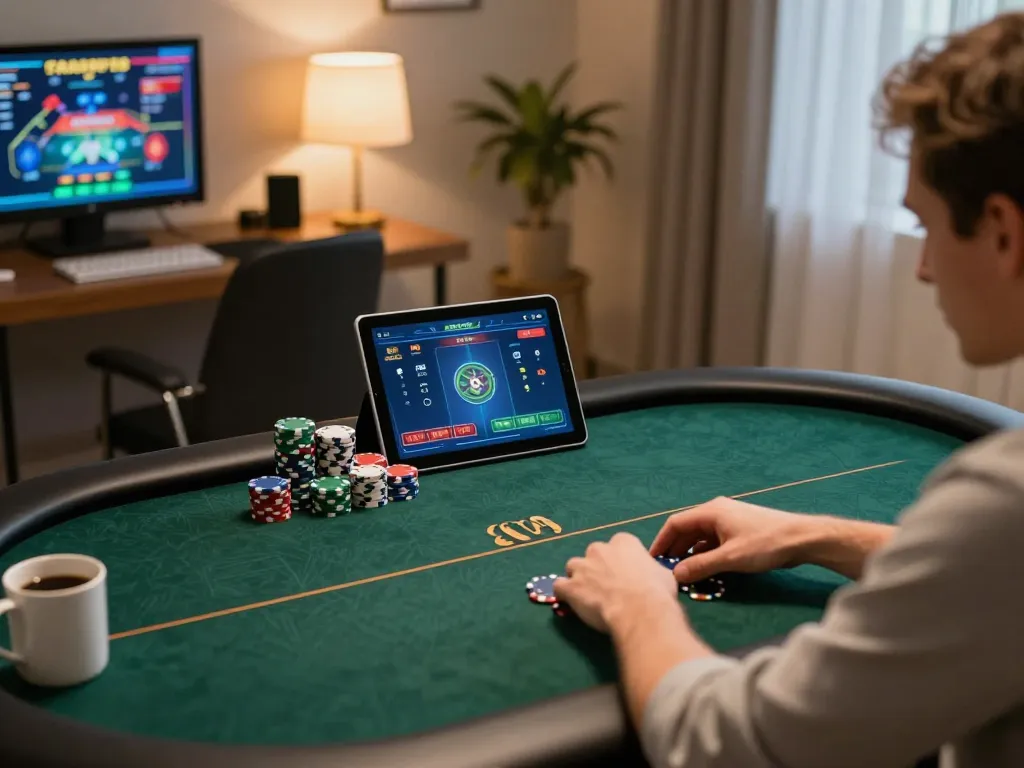 Engaged player strategizing in a tr88 online poker game while managing chips and a tablet
