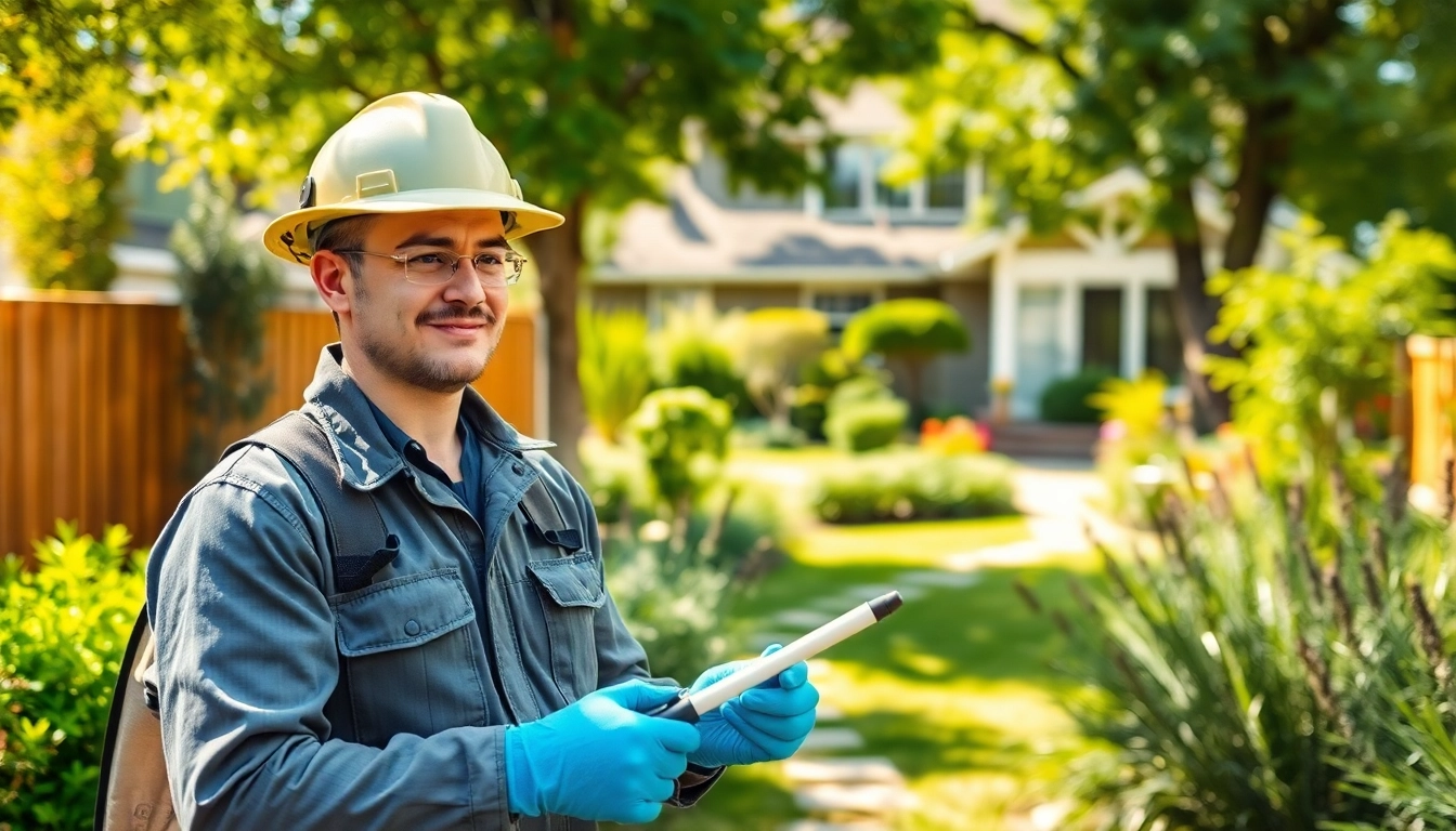 Experience effective professional bug control with an expert applying treatments in a lush garden.