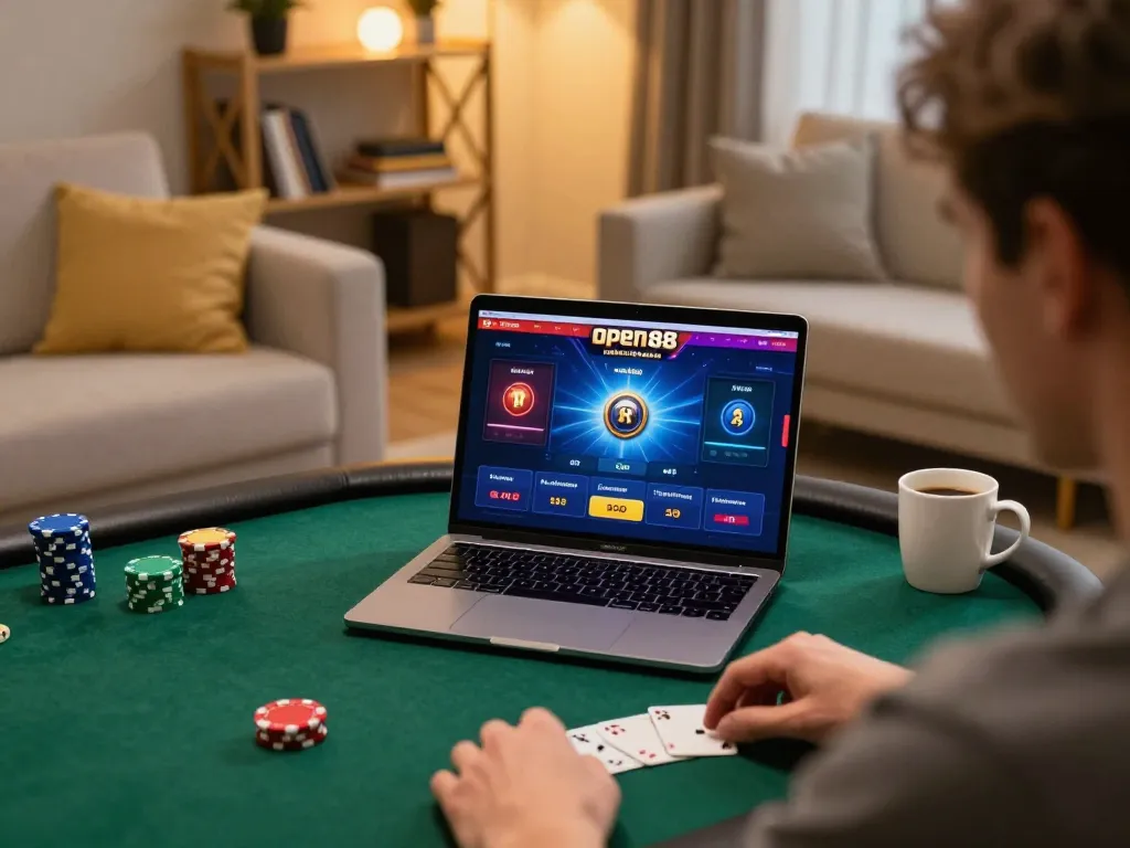 Engaging online poker session with open88 nhà cái interface in a cozy home environment