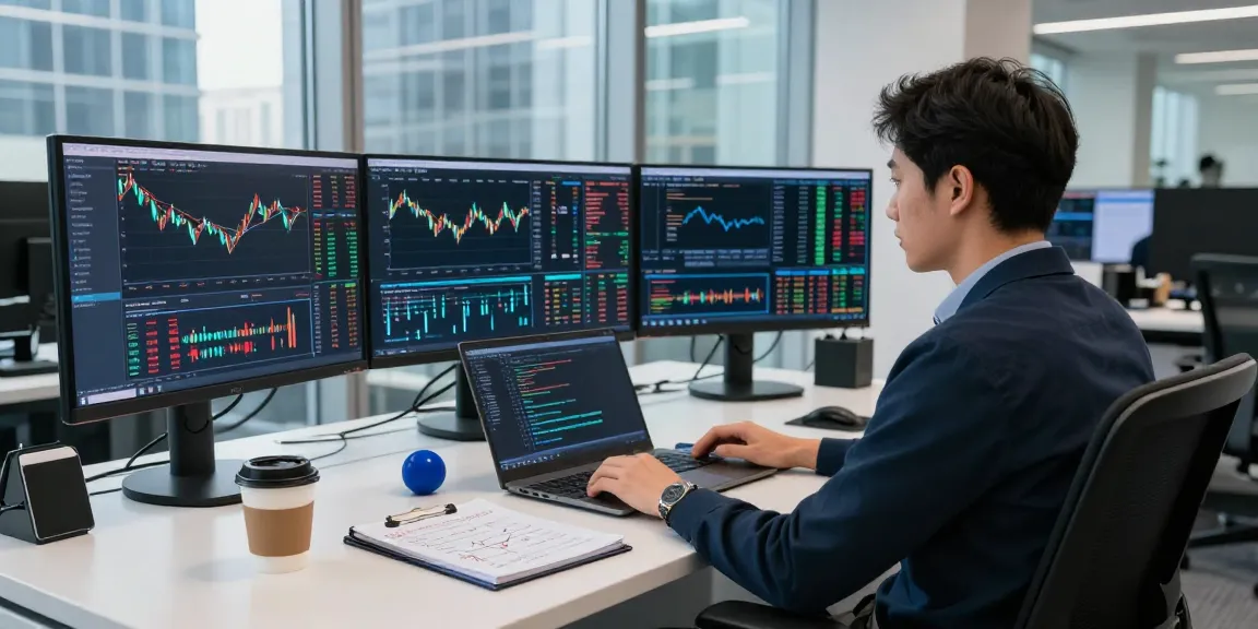 Live trading setup showcasing Nasdaq stock data feed on multiple monitors in a modern financial office.