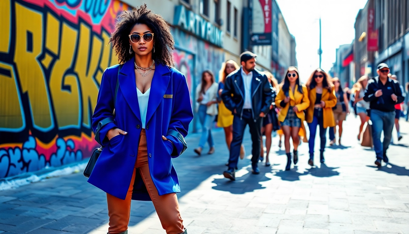 Stylish individuals showcasing vibrant Fashion trends in a lively urban setting.