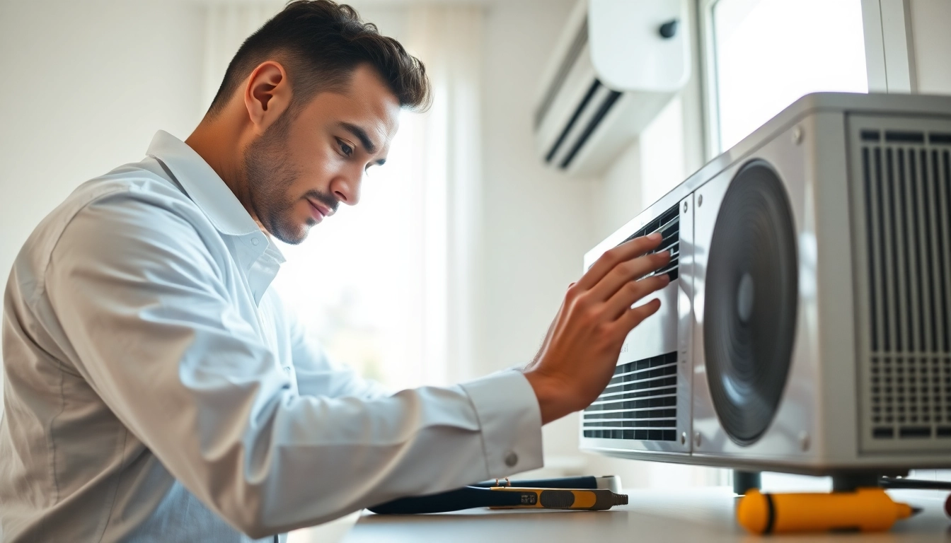 Technician servicing Scottsdale AC unit, highlighting expert handling in a bright modern interior.