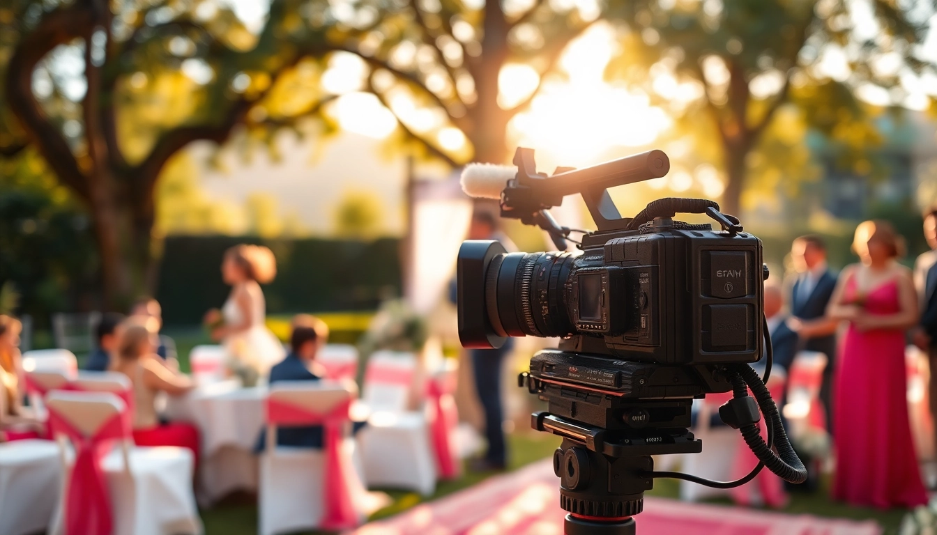 Videographer filming a wedding scene in a beautiful garden setting, capturing moments efficiently.