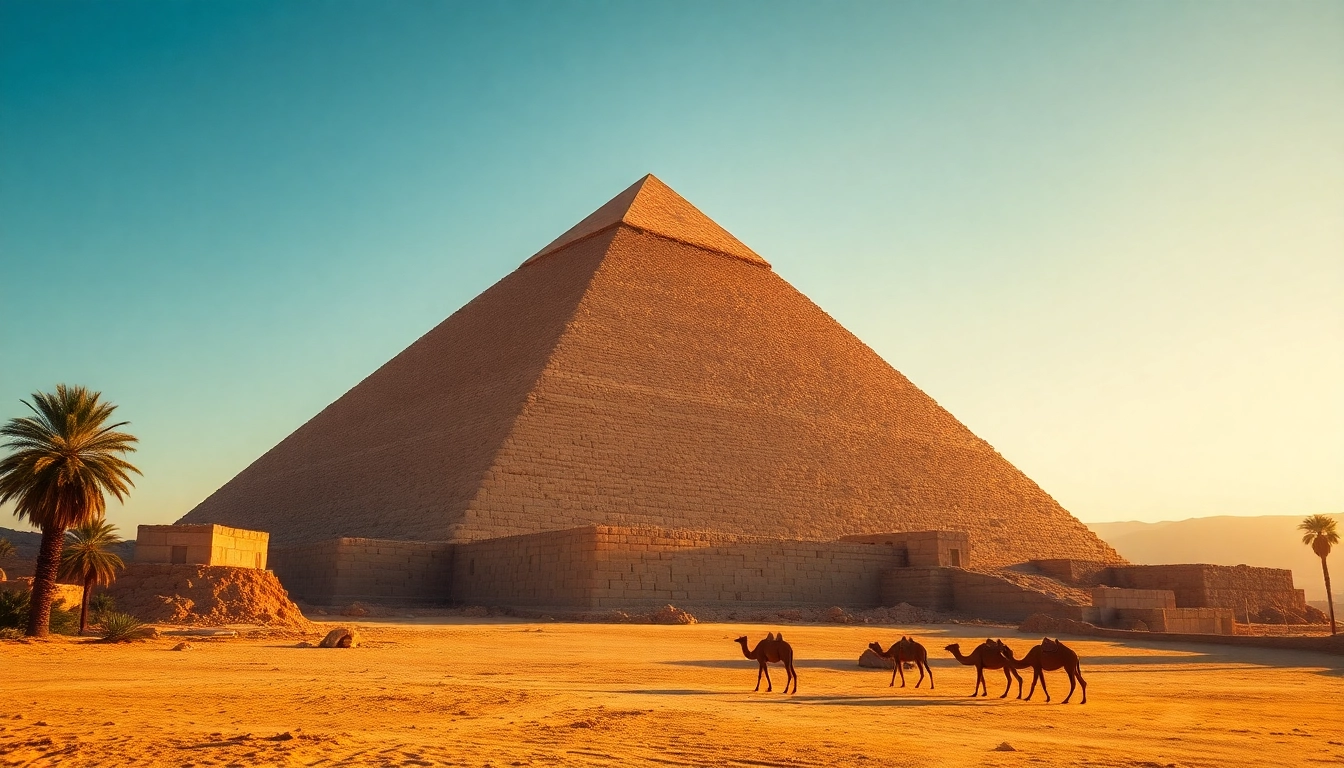 Piraminds illuminating the Egyptian landscape at sunset, highlighting ancient architecture and desert serenity.