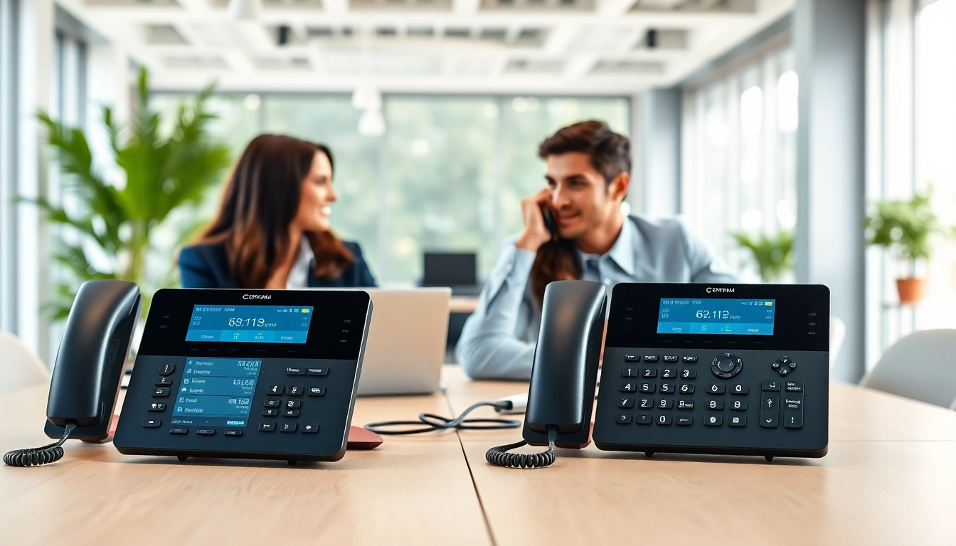 Explore business phone systems in a professional office setting with team collaboration.