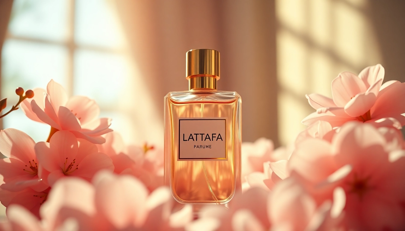 Lattafa parfumfles schittert tussen bloeiende bloemen in een elegante setting.