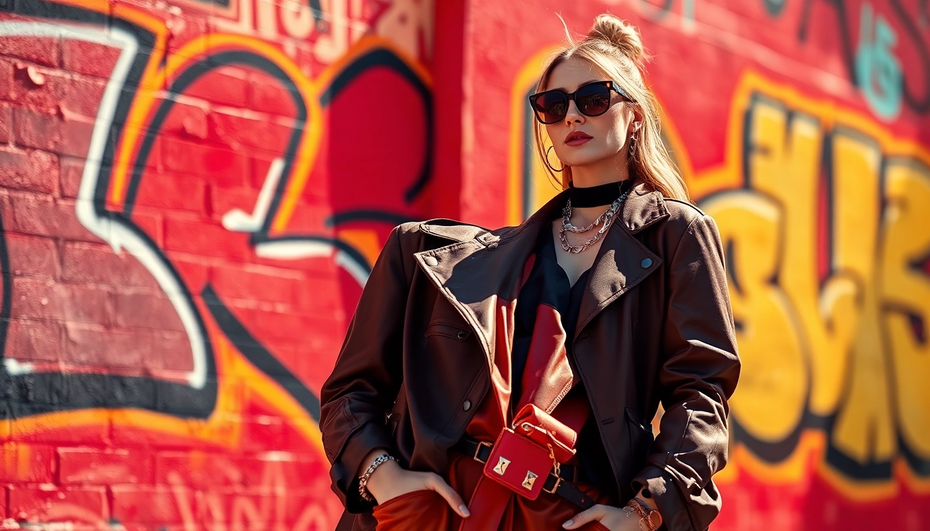 Fashion model showcasing contemporary attire against vibrant graffiti backdrop.