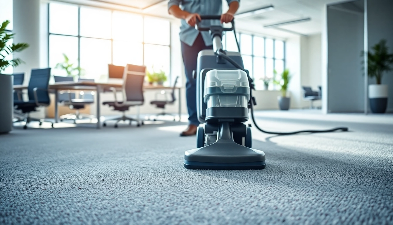 Showcasing carpet cleaning services for businesses in Savannah by a professional technician in an office.