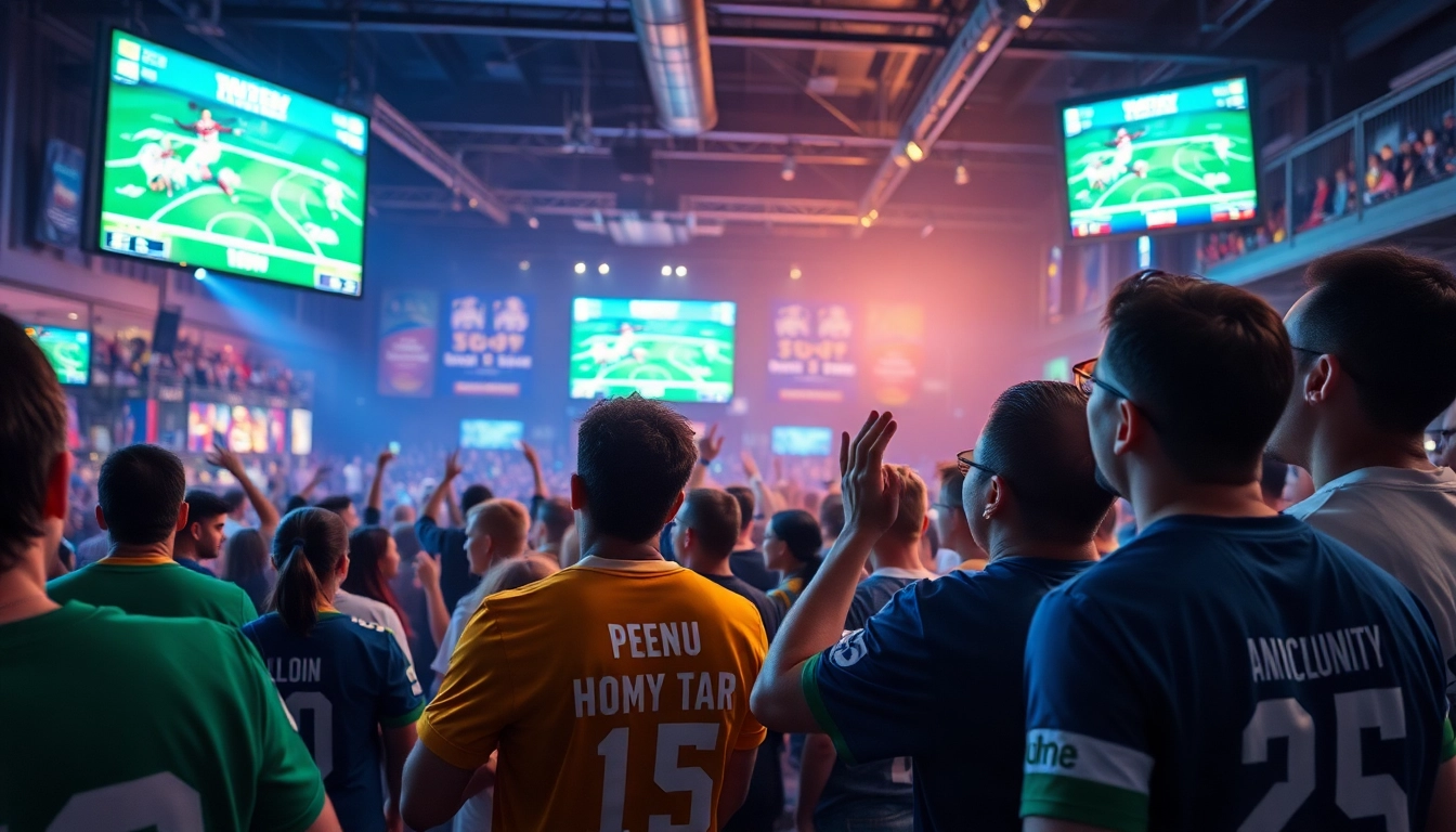Excited fans enjoying 토토스토리 high-definition sports streaming during a community event.