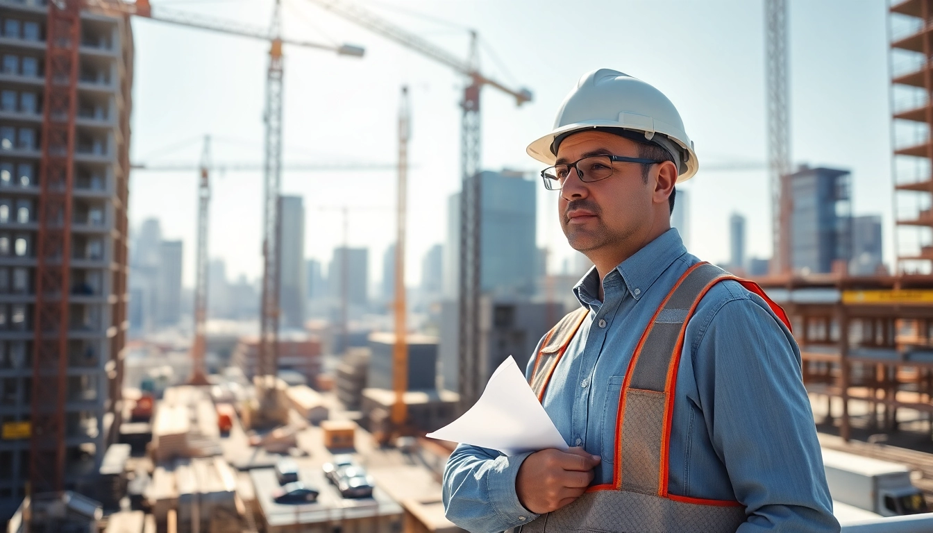 Manhattan Construction Manager directing construction work on-site with blueprints in hand.