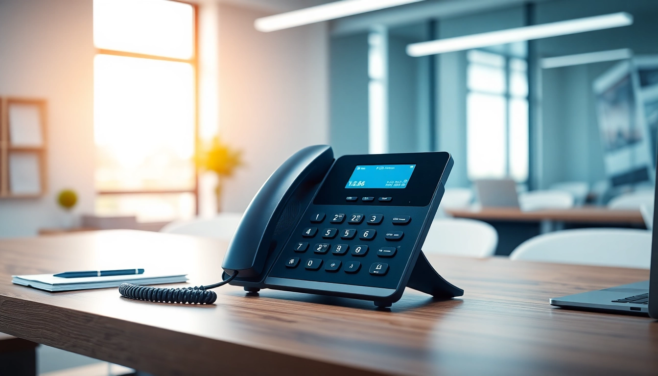 Organized office workspace showcasing a business phone setup for productivity.