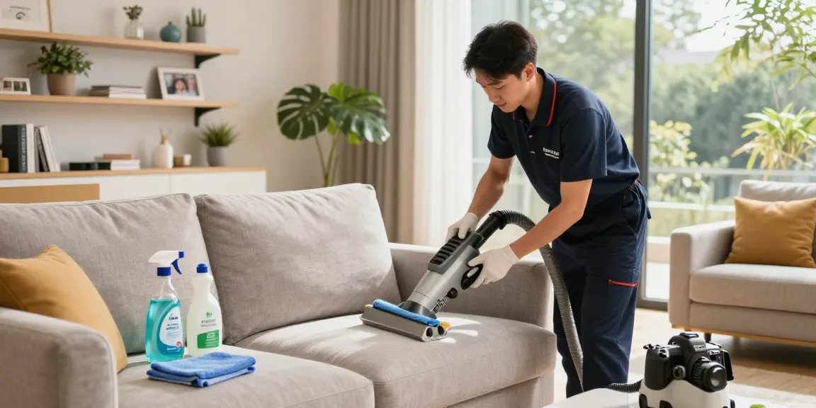 Upholstery cleaning near me with professional technician revitalizing a sofa in a bright, cozy living room.
