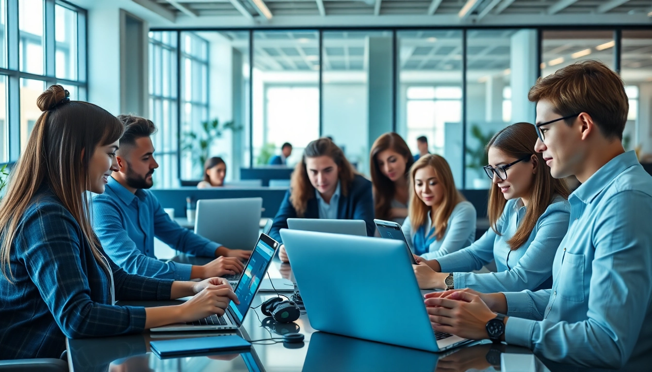 Engaging enterprise AI assistant aiding employees in a collaborative office setup.