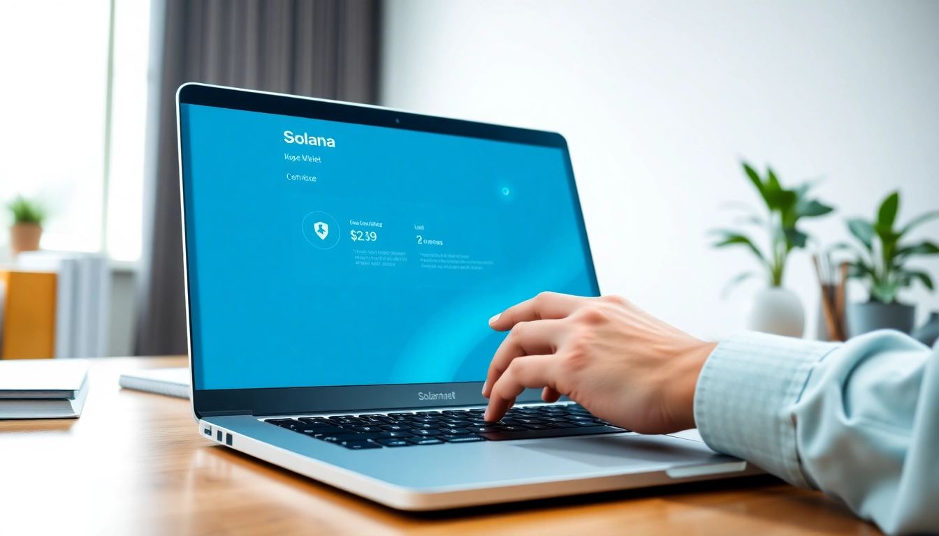 View of a professional using a Solana Wallet on a laptop in a modern workspace.