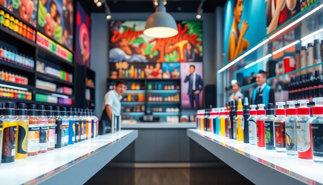 Vape shop mit einer Vielzahl bunter E-Liquids und modernen Vape-Geräten.