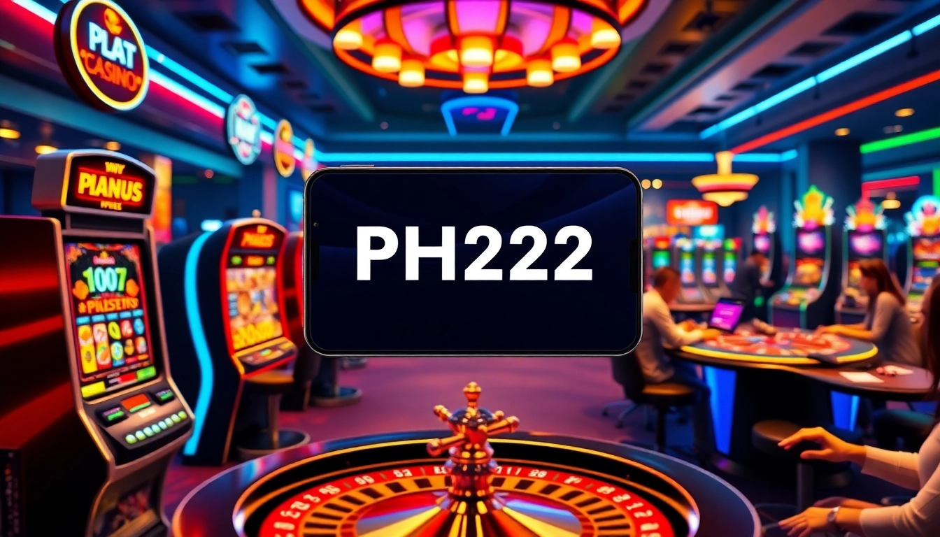 Players engaging with PH222 online gaming app amidst neon-lit casino atmosphere.