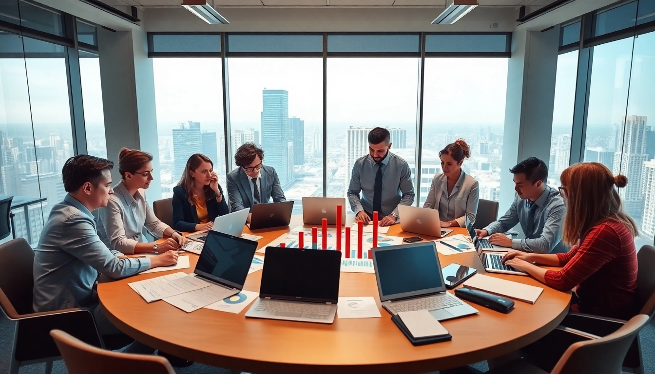 Teams sharing innovative business growth insights during a collaborative meeting in a vibrant office.
