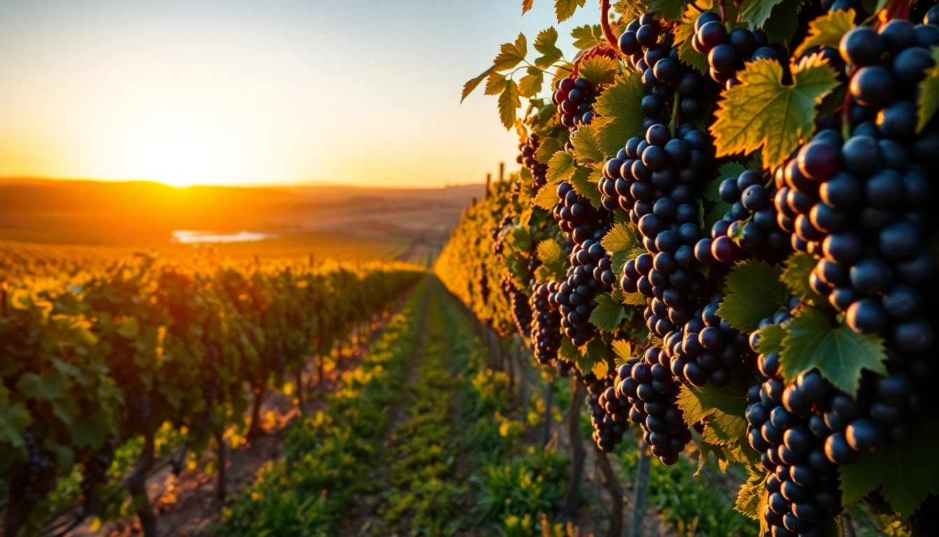 Rolling vineyards in Clarksburg CA with grapevines glowing under sunset light.