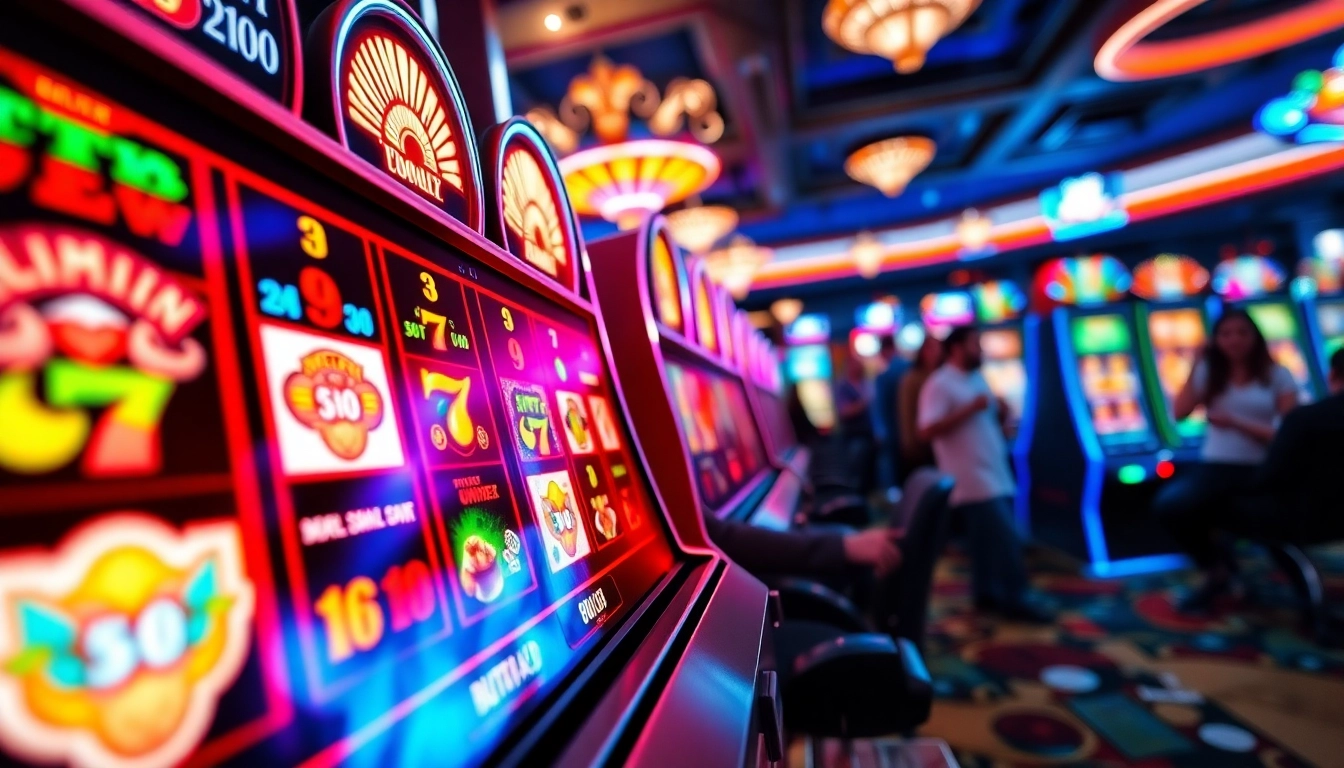 Bermain bukti4d slot dengan slot machine berwarna cerah dan suasana kasino yang hidup.