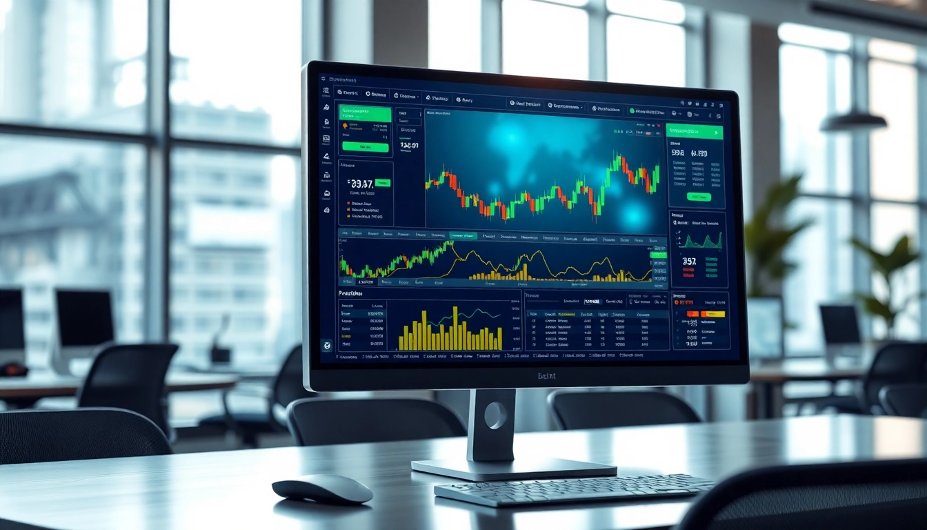 Visual representation of crypto trading bot platform with data graphs and modern office setting.