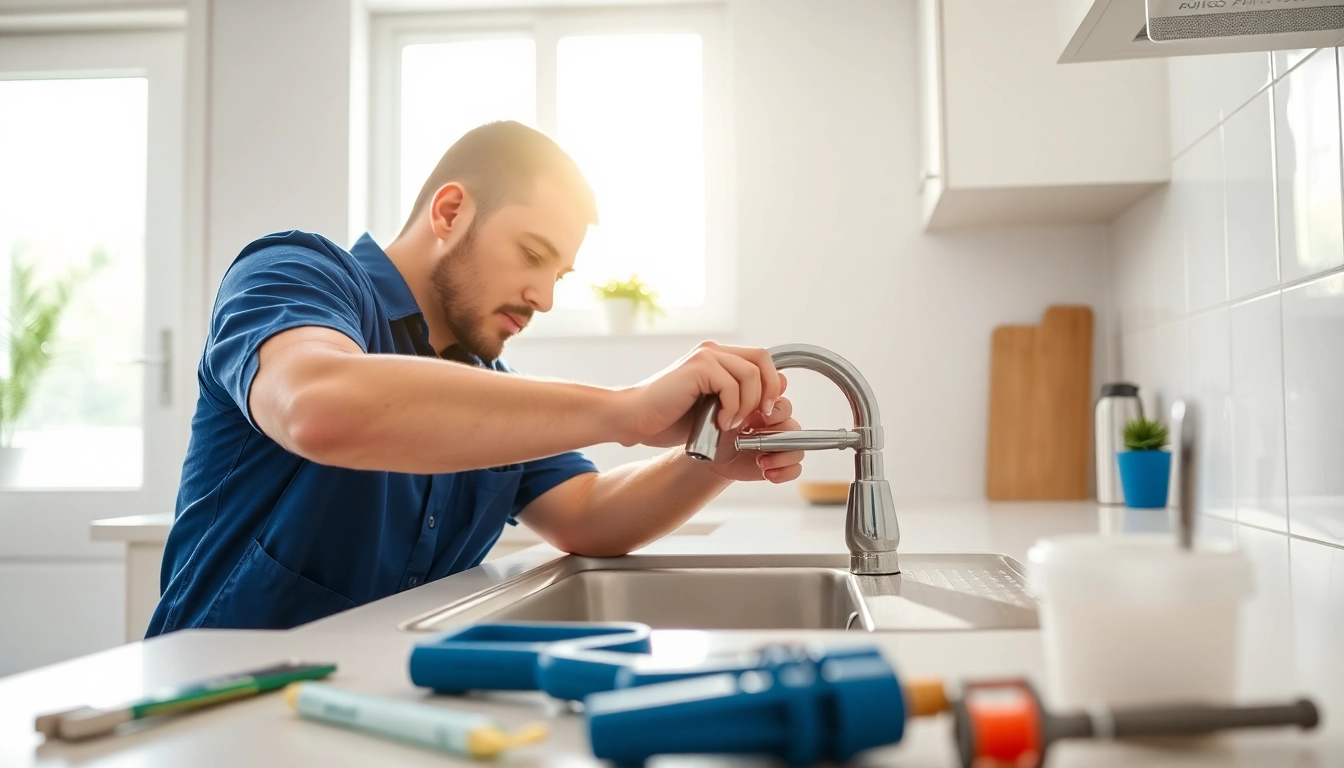Find a reliable plumber near me fixing a kitchen sink in a bright home setting.