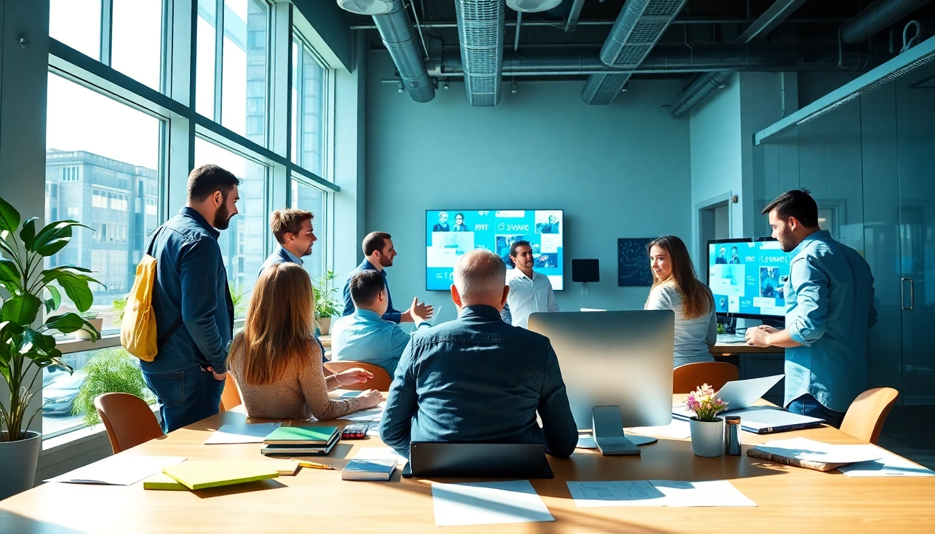 Creative professionals collaborating in an advertising agency office setting, showcasing innovation.
