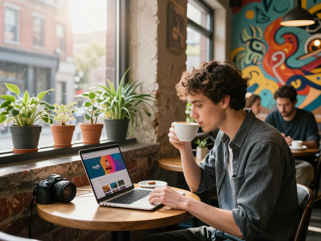 Engaging café scene showcasing rokok88 website on a laptop, highlighting modern urban lifestyle.