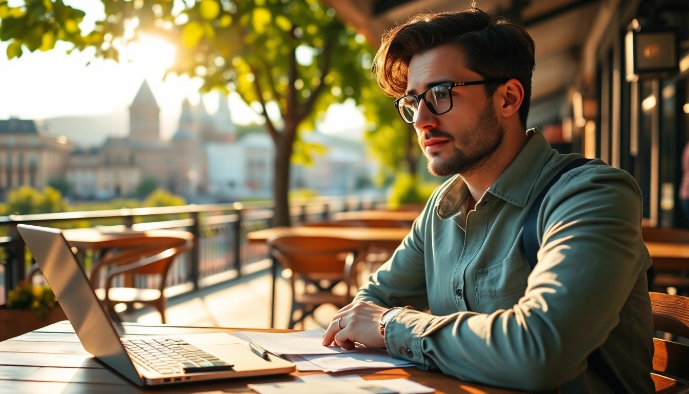 Assess trip insurance options with confidence in a vibrant café setting.